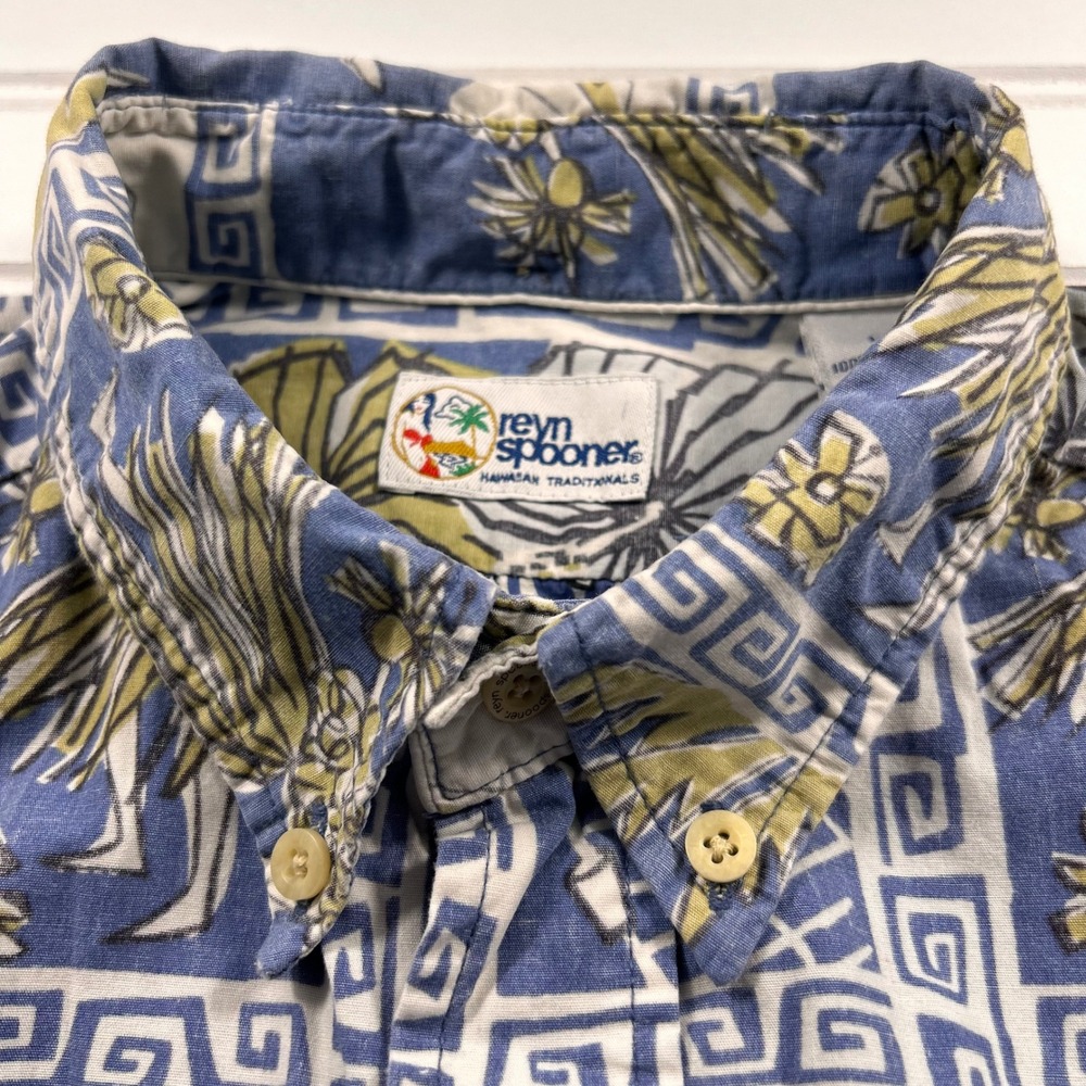 VTG Reyn Spooner Hawaiian Reverse Print Shirt Mens L Blue Hula Girl Hibiscus AOP